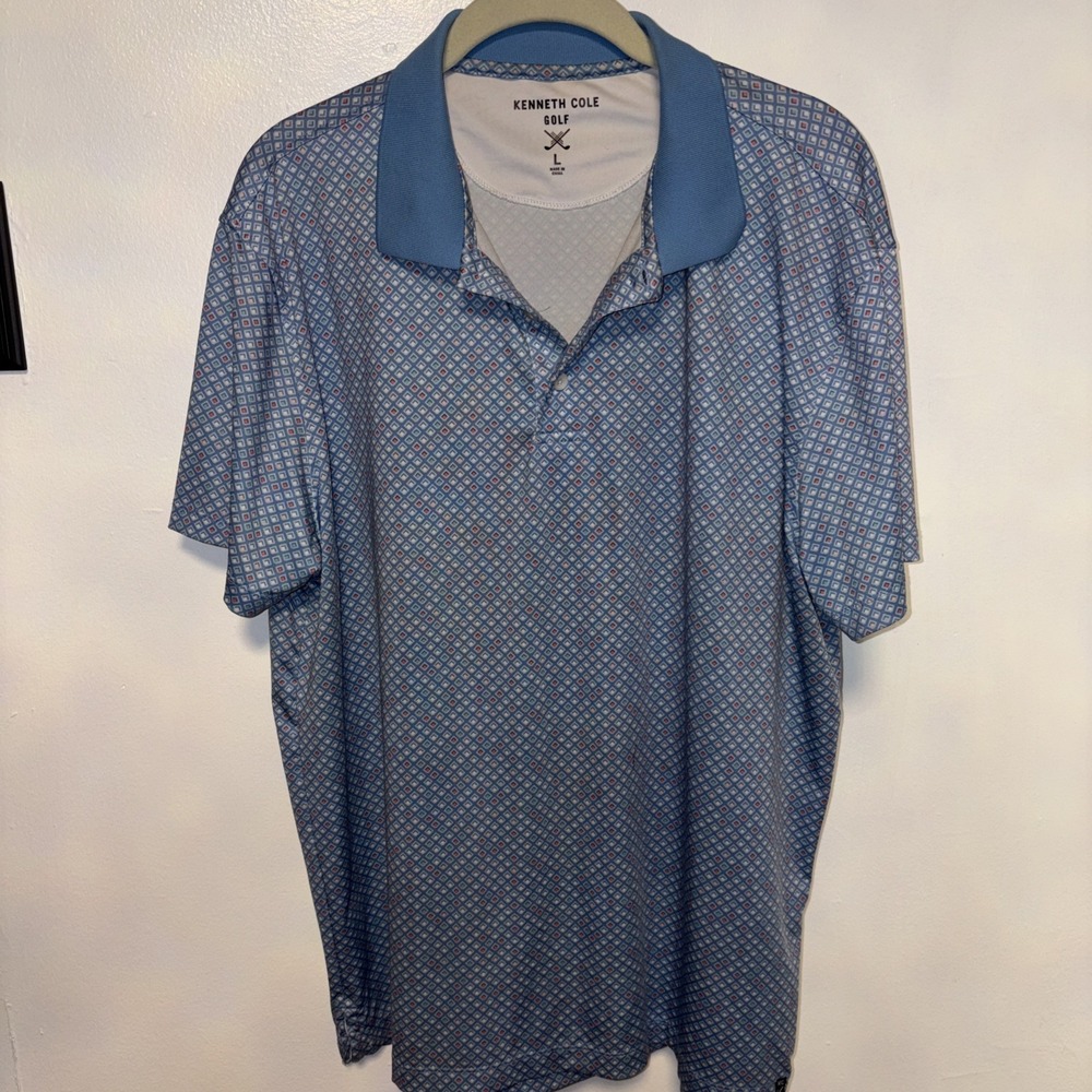 Kenneth Cole Golf Polo Shirt Geometric Triangles‎ Blue Wicking Stretch Size L